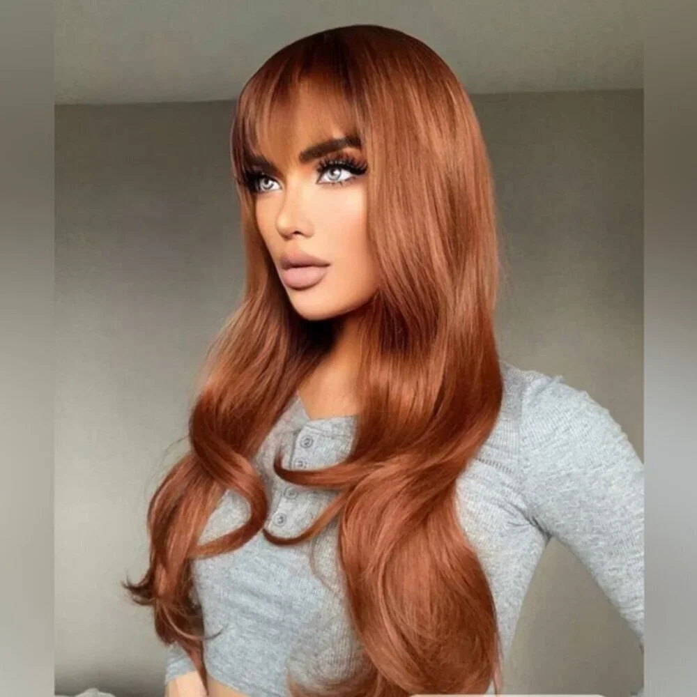 26” Copper Long Wavy natural Synthetic Fiber Full Wig With Bangs for dai… - Picture 9 of 10